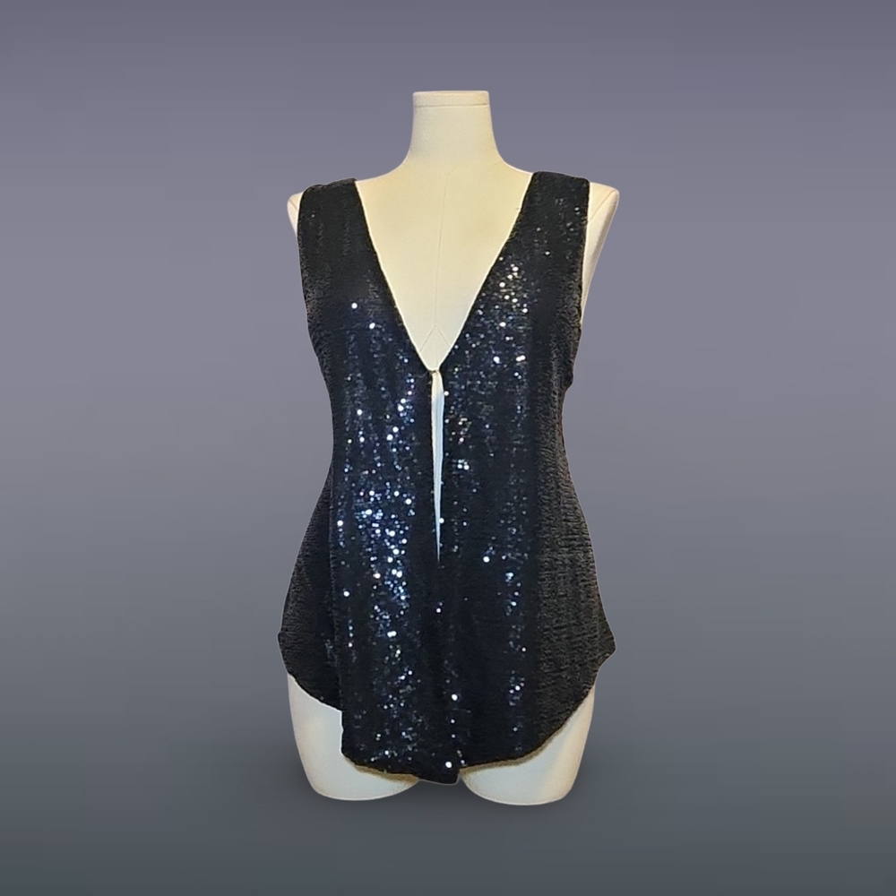 ❥Chic Cato Woman Black Sequin Deep V Sleeveless Plus Size Blouse 22/24W Party